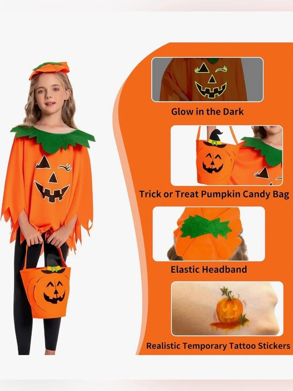 Kids Orange Pumpkin Poncho Costume with Headband and Treat Bag Size Small